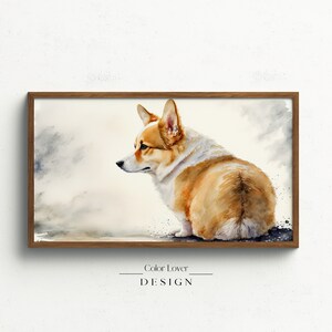 Puede incluir: Pintura acuarela de un perro corgi sentado y mirando hacia la izquierda. El perro es marrón y blanco con una cola esponjosa. El fondo es gris claro con un efecto acuarela.