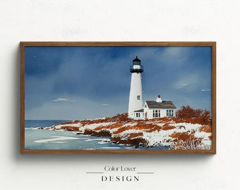 Winter Frame TV Art | Christmas Lighthouse Samsung Frame TV Art Cape Cod Holiday Snow Landscape Watercolor Painting | for Samsung Frame TV