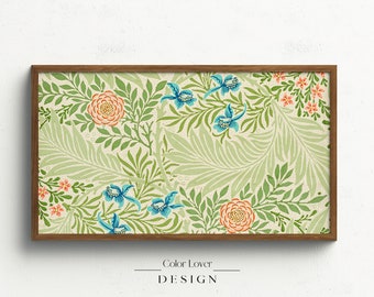 May include: A framed print with a vintage floral pattern featuring blue and orange flowers on a green background. The print is in a brown frame and has the text "Color Lover DESIGN" below the image.