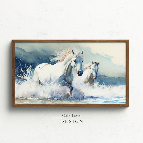 Chevaux Frame TV Art | Chevaux blancs courant des vagues de l’océan Aquarelle Peinture Samsung Cadre TV Art LG Digital Wall Art Camargue Chevaux