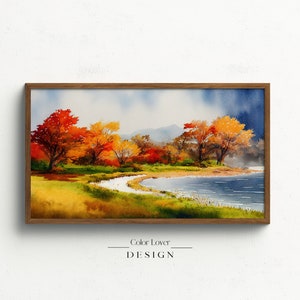 Autumn Frame TV Art | Fall Trees Lake Samsung Frame Art TV Watercolor Painting | Digital Wall Art Autumn Landscape Lake Pond Painting