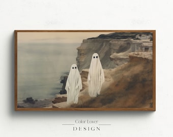 Ghost Frame TV Art | Halloween Ghosts Seascape Landscape Coastal Painting Samsung Frame TV Art Wall Coast Neutral Fall Samsung Frame TV