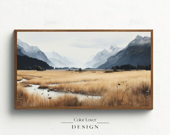 Mountain Frame TV Art | Snow Mountain Landscape Field Samsung Frame TV Art Digital Wall Art Neutral Colors for Samsung Frame TV