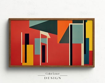 Abstract Painting Frame TV Art | Colorful Samsung Frame TV Art Modern Minimalist Red Green Yellow Orange Black
