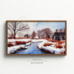 May include: A watercolor painting of a snowy landscape with a small cottage, a winding stream, and bare trees. The sky is a light blue with hints of white clouds.
