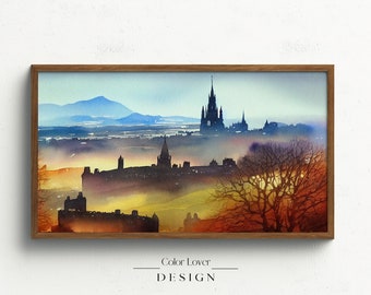 Scotland Frame TV Art | Edinburgh Samsung Frame TV Art Landscape Watercolor Painting Scottish Digital Wall Art