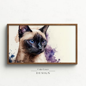 Siamese Cat Frame TV Art | Seal Point Siamese Cat Watercolor Painting Samsung Frame TV Art LG Digital Wall Art Purple Cat Watercolor