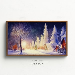 Christmas Frame TV Art | Winter Samsung Frame TV Art Cabins Cottage Snow Snowing Night Landscape Watercolor Painting | White Pine Trees
