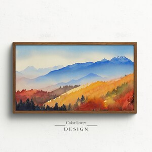 Autumn Frame TV Art | Fall Samsung Frame TV Art Mountains Landscape Watercolor Painting | Smokeys Mountains Forest Autumn Art for Samsung