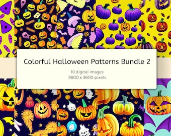 Multicolored Bright Halloween Digital Paper Pack inspired by Lisa Frank Digital Papers Pumpkin Ghost Witch