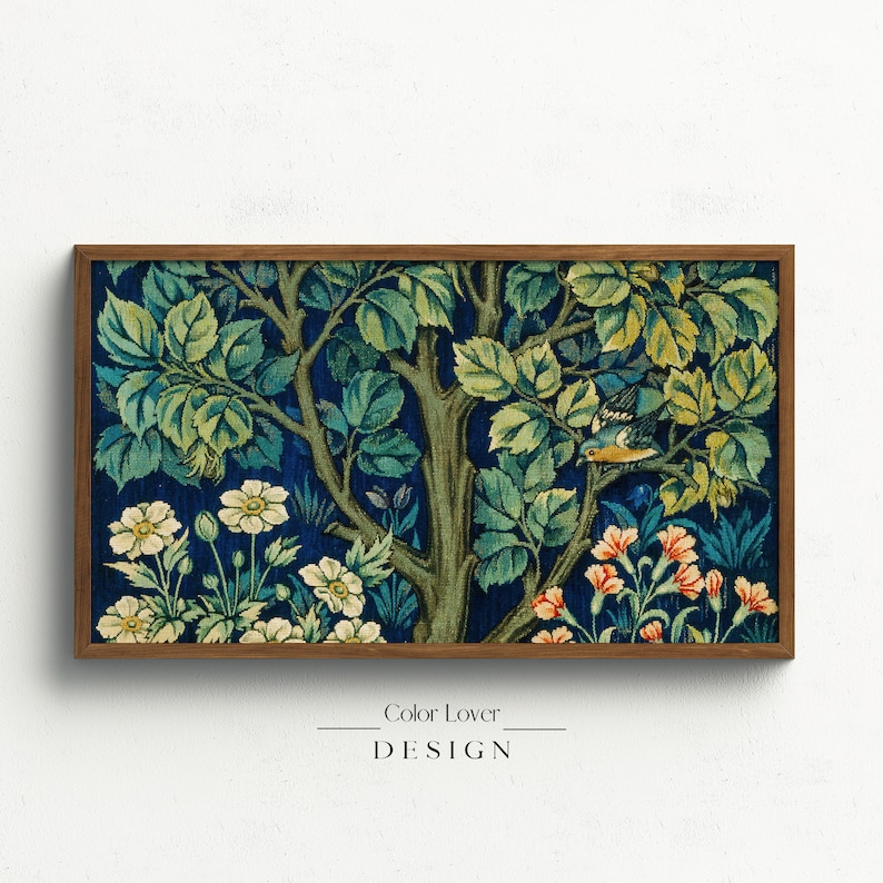May include: A framed tapestry featuring a stylized tree with green leaves and flowers in shades of white, pink, and blue. A small yellow bird sits on a branch. The background is a deep blue.