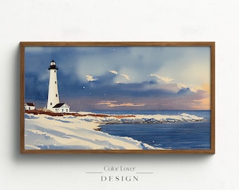 Winter Frame TV Art | Cape Cod Lighthouse Samsung Frame TV Art Christmas Landscape Watercolor Painting | Nautical Coastal Digital Wall Art