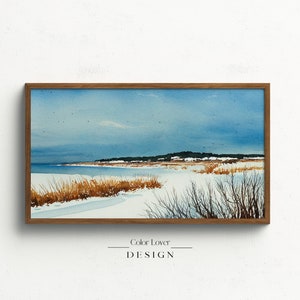 Christmas Frame TV Art | Winter Coastal Samsung Frame TV Art Watercolor Painting | Cape Cod Coast Landscape Digital Wall Art