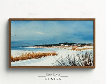 Christmas Frame TV Art | Winter Coastal Samsung Frame TV Art Watercolor Painting | Cape Cod Coast Landscape Digital Wall Art