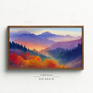 Autumn Frame TV Art Mountains | Fall Samsung Frame TV Art Forest Watercolor Painting | Trees Leaves Great Smokey Mountains Digital Wall