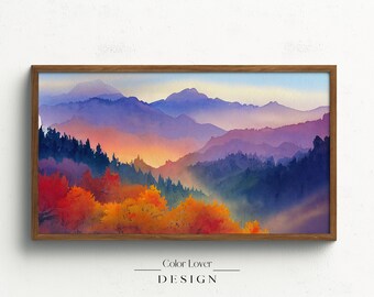 Autumn Frame TV Art Mountains | Fall Samsung Frame TV Art Forest Watercolor Painting | Trees Leaves Great Smokey Mountains Digital Wall