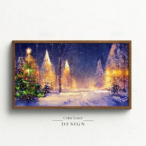 Christmas Frame TV Art | Outdoors Christmas Trees Snowy Landscape Watercolor Painting Samsung Frame TV Art Winter Holiday Snow Lights