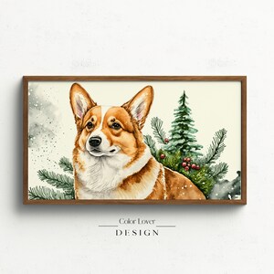 Christmas Corgi Frame TV Art | Sable Corgi Christmas Tree Watercolor Painting Samsung Frame TV Art LG Digital Wall Art Red White Welsh Corgi