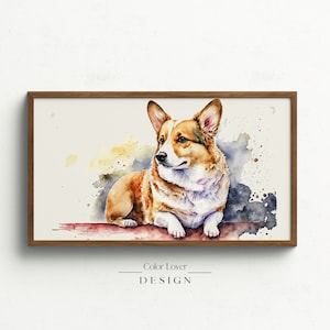 Könnte beinhalten: Aquarellmalerei eines Corgi-Hundes, der auf einer braunen Oberfläche sitzt. Der Hund ist braun und weiß mit einem hellbraunen Hintergrund und violetten und blauen Aquarellspritzer.