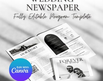 Puede incluir: Una plantilla de periódico de boda con el texto "WEDDING NEWSPAPER" y "Fully Editable Program Template". El periódico presenta secciones para "OUR STORY" y "Menu", con una foto de una pareja. El diseño incluye un botón "Edit With Canva".