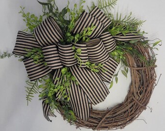 Grapevine Wreath with Greenery and Wired Black/Tan Bow