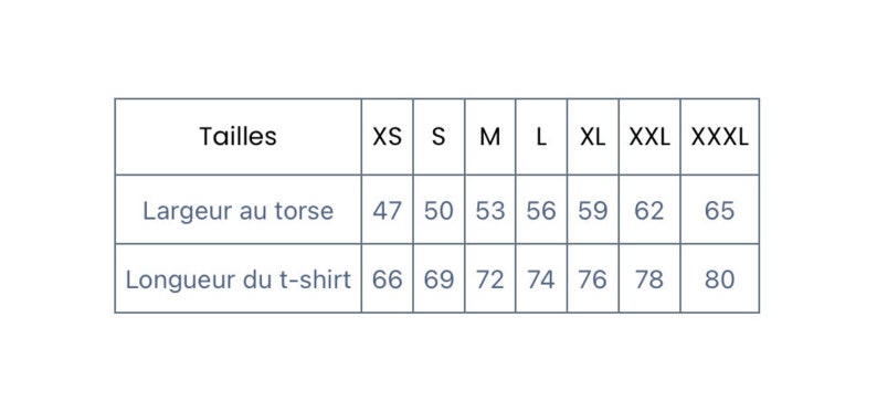 May include: Size chart for t-shirts showing chest width and length measurements in inches for sizes XS, S, M, L, XL, XXL, and XXXL.