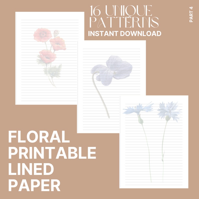 Floral Printable Lined Paper A4 Set of 15 College/planner/notes/recipes ...