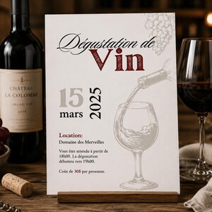 May include: A wine tasting invitation card with the text "Dégustation de Vin" and the date "15 mars 2025". The card features a wine glass graphic and is displayed on a wooden stand. A bottle of wine and a glass of red wine are also visible.