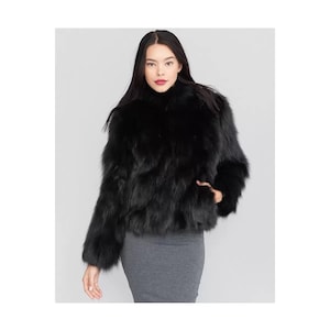 Ladies Black Fox Fur Bomber Jacket - Luxury Handmade Gift for Her - High Quality Fur - Soft and Stylish -Elegant and Warm Fur Jacket