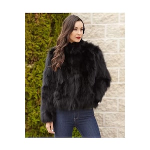 Women Black Fox Fur Bomber Jacket - Luxury Handmade Gift for Her - High Quality Fur - Soft and Stylish -Elegant and Warm Fur Jacket