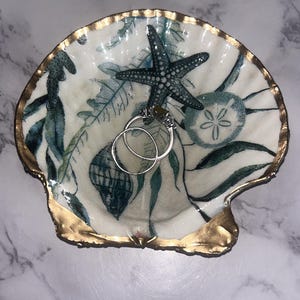 Plato para anillos con forma de concha decorado con decoupage, joyero costero turquesa, bandeja para baratijas con borde dorado