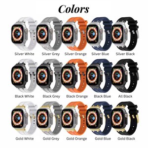 Puede incluir: Un conjunto de 15 correas para Apple Watch en varios colores y acabados. Las correas est&aacute;n dispuestas en tres filas de cinco, con cada fila presentando un esquema de color diferente: plata, negro y oro. Cada correa tiene una combinaci&oacute;n de colores diferente, incluyendo blanco, gris, naranja, azul y negro.