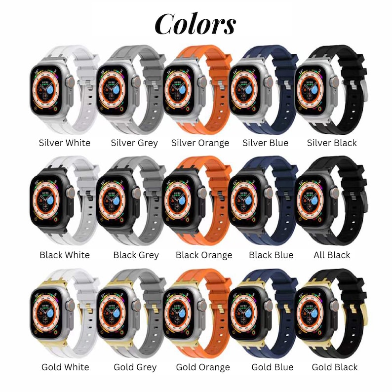 Puede incluir: Un conjunto de 15 correas para Apple Watch en varios colores y acabados. Las correas est&aacute;n dispuestas en tres filas de cinco, con cada fila presentando un esquema de color diferente: plata, negro y oro. Cada correa tiene una combinaci&oacute;n de colores diferente, incluyendo blanco, gris, naranja, azul y negro.