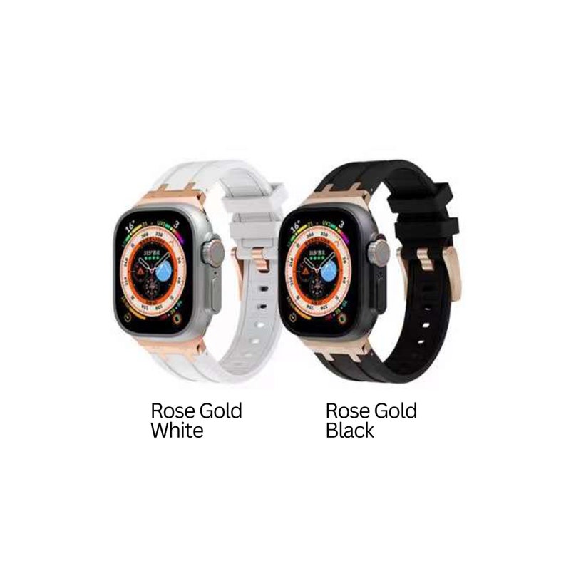 Puede incluir: Dos correas para Apple Watch con carcasas de oro rosa. Una correa es blanca y la otra es negra.