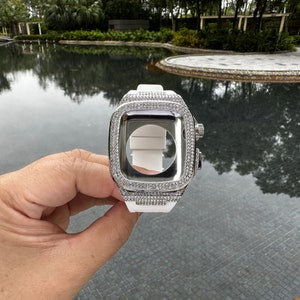 Blink Diamond Silver Apple Watch 44 45 42 46mm Case Cover White Band Kit Case Full Protection Silicone Band All Cover Series 10 9 8 7 6 5 4
