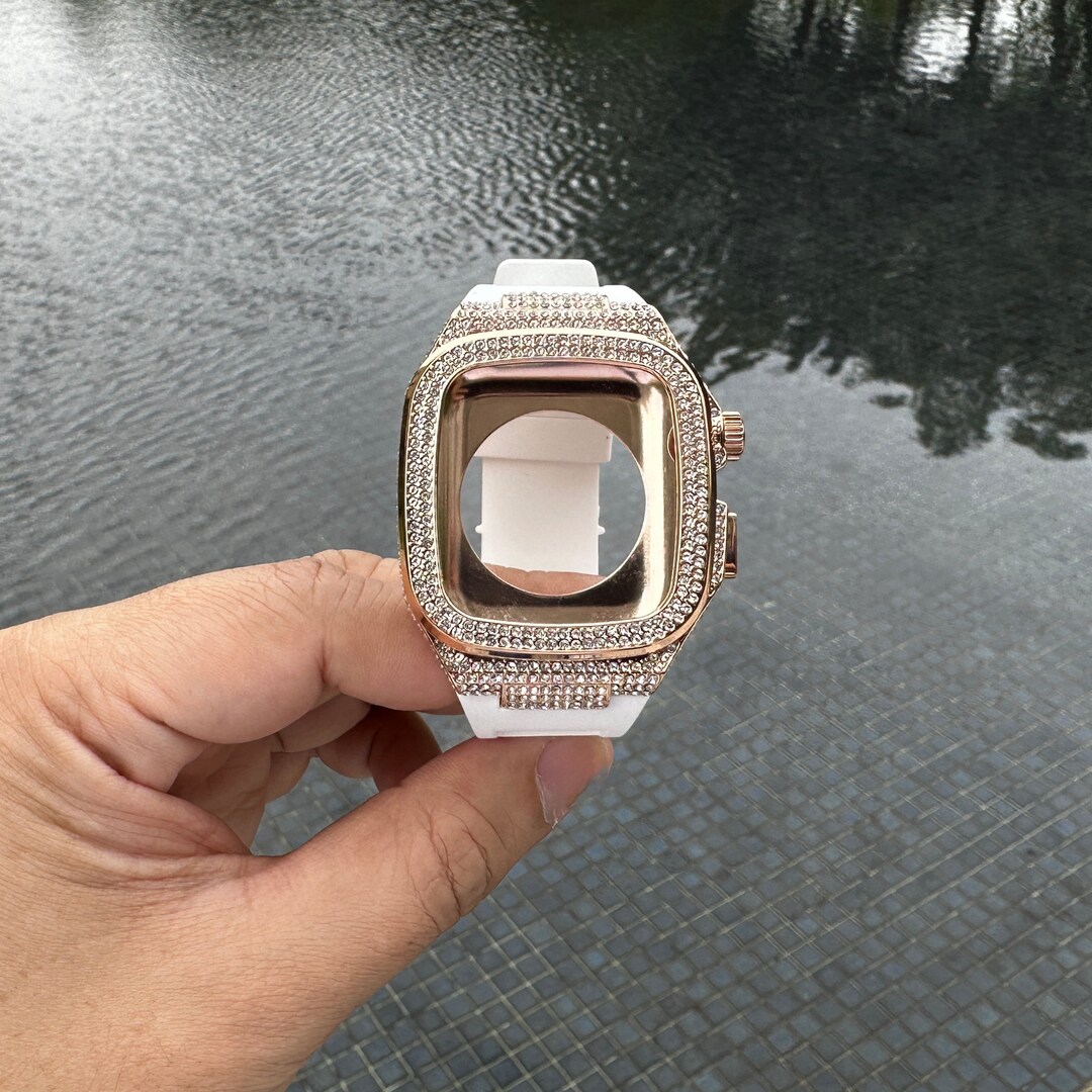 Blink Diamond Rose Gold Apple Watch 44mm 45mm Case Cover White Band Kit