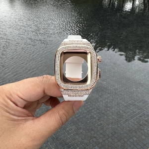Blink Diamond Rose Gold Apple Watch 44 45 42 46 mm Case Cover White Band Kit Case Full Protection Silicone Band Cover Series 10 9 8 7 6 5 4