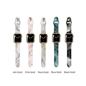 May include: Five Apple Watch bands with different marble patterns and gold accents. The bands are labeled Ash Gold, Pink Gold, Rock Gold, Blue Gold, and Black Gold.