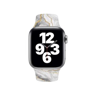 May include: A silver Apple Watch with a white and gold marble-patterned band. The watch face displays the time with black numbers on a black background.