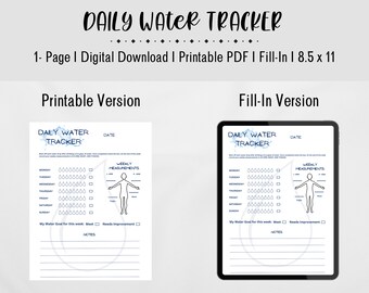 Rastreador diario de agua, Pdf, Rellenar, Imprimible, Consumo de agua, Medidas corporales, Pérdida de peso, Agua, Digital, Salud, Dieta.