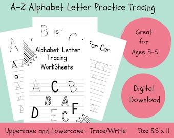 26 hojas de trabajo imprimibles de rastreo de letras del alfabeto, mayúsculas y minúsculas, preescolar, fonética de prekínder, escritura a mano, práctica y construcción.