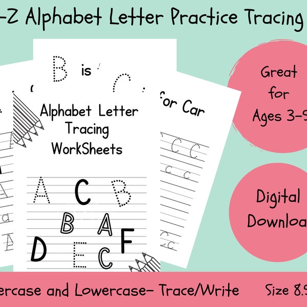 26 Alphabet Letter Tracing Printable Worksheets, Upper & Lower Case, Preschool, Kindergarten Pre-K Phonics, Handwriting, Practice, Build.