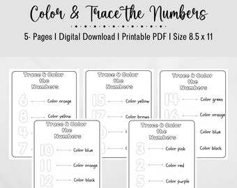 5 Trazar y colorear los números imprimibles, Contar, Calcar, Educación en el hogar, Preescolar, Jardín de infantes, 1-20 números, Identificación de colores, Digital