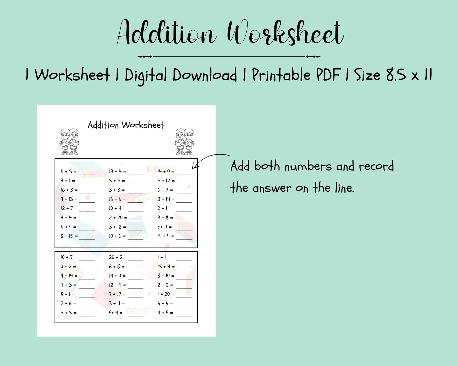 Addition Worksheet, Mathematics, Adding, Numbers, Printable, Digital ...