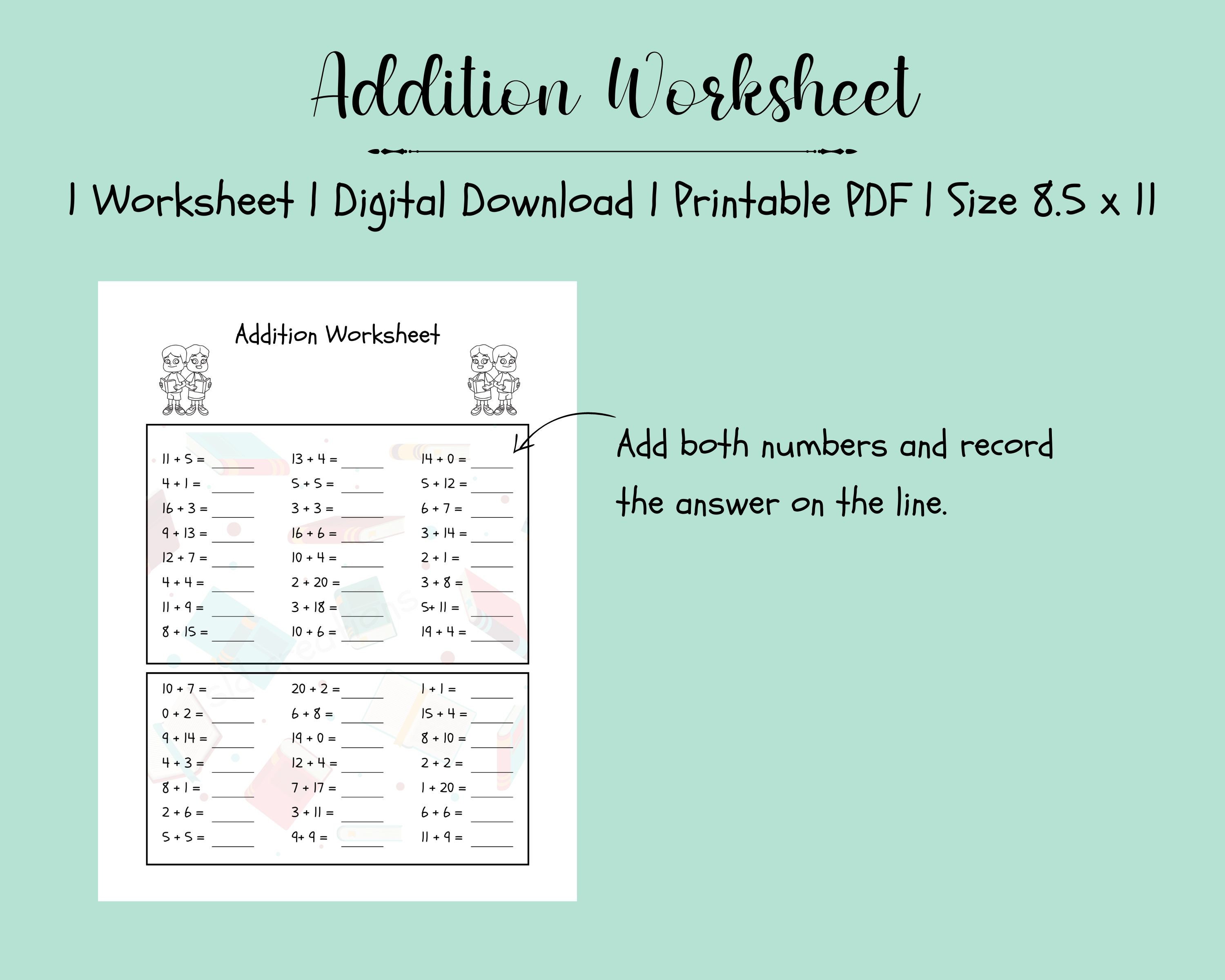 Addition Worksheet, Mathematics, Adding, Numbers, Printable, Digital ...