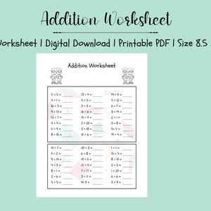 Addition Worksheet, Mathematics, Adding, Numbers, Printable, Digital Download, PDF, Children Learning, Worksheet