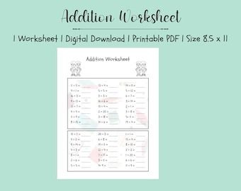 Hoja de trabajo de suma, Matemáticas, Sumar, Números, Imprimible, Descarga digital, PDF, Aprendizaje de niños, Hoja de trabajo