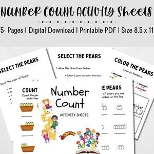 Zahlenzählen Aktivitätsbögen Kinder lernen, wie man zählt und färbt, Lernen, Zählen üben, Farben, Digitaler Download