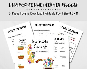 Hojas de actividades de conteo de números Los niños aprenden a contar y colorear, aprender, practicar el conteo, colores, descarga digital