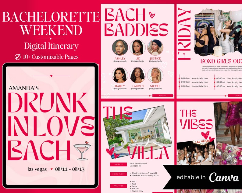 Drunk in Love Bachelorette Weekend Itinerary Template | Bachelorette Travel Itinerary Template | 10 Pages | Editable in Canva | Feyonce Bachelorette